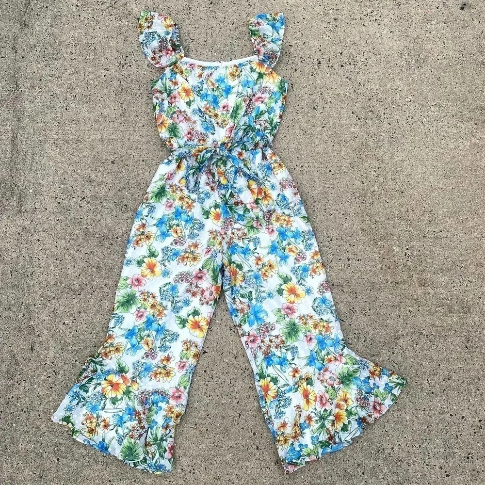 Ali & Jay The Avalon White Floral Print Ruffled Culotte Jumpsuit